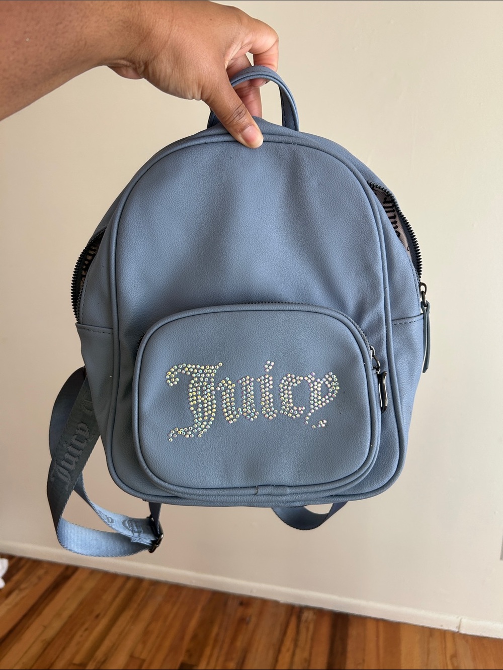 Juicy Couture Dusty Blue Mini Backpack with Crystal 'Juice' Logo